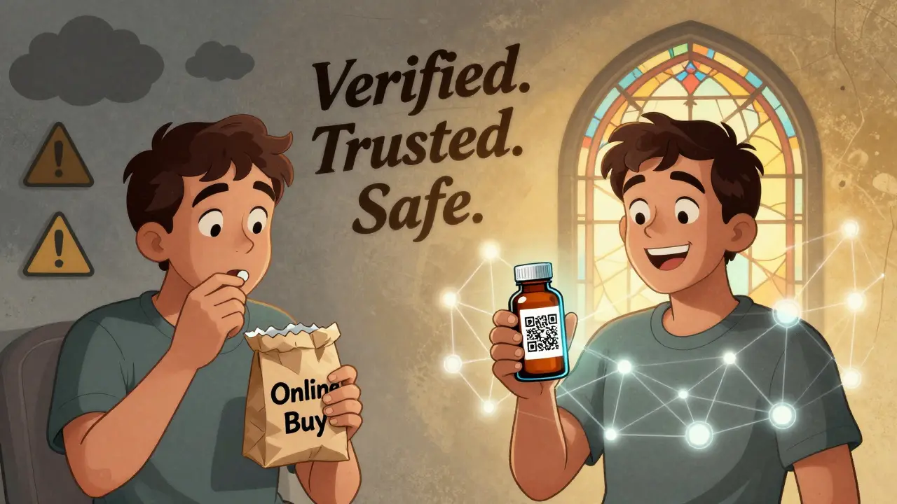 Split scene: patient nervously taking unverified pills vs. confidently taking a blockchain-verified medication with radiant trust symbols.