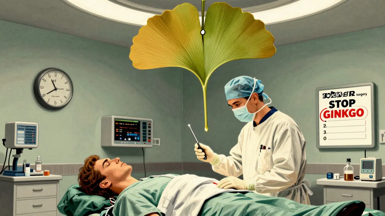 Surgical scene with a giant Ginkgo leaf casting shadow over operating table, clock showing 2 weeks.