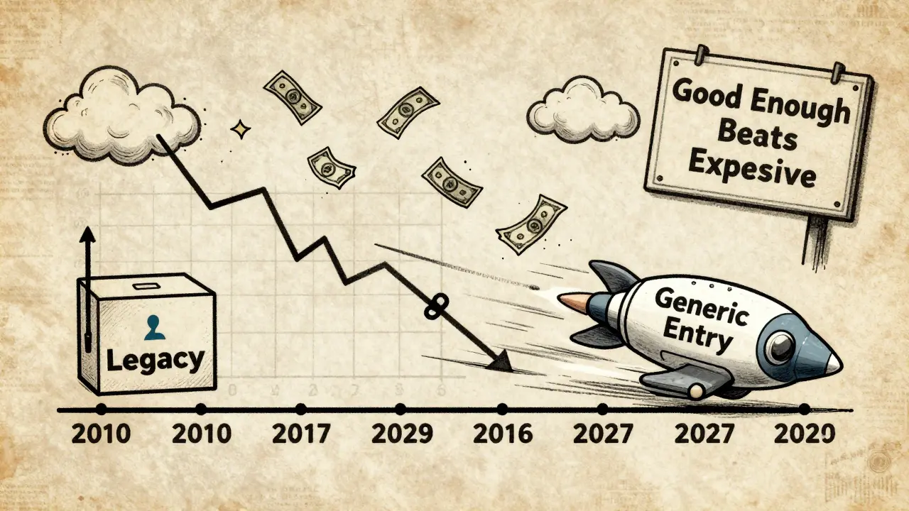 Timeline showing legacy software overtaken by a speeding generic alternative, with falling price graphs in vintage style.