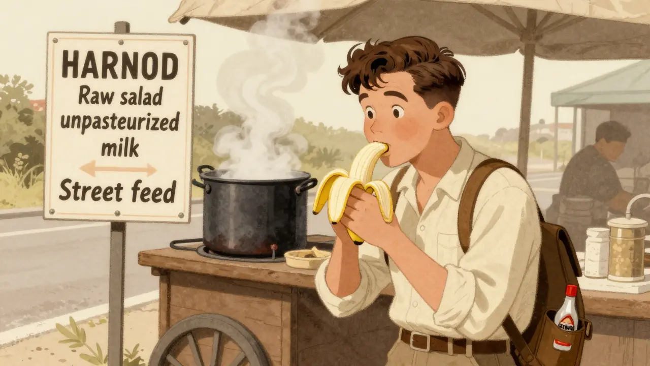 Traveler eating a peeled banana while unsafe foods are marked with warning signs.