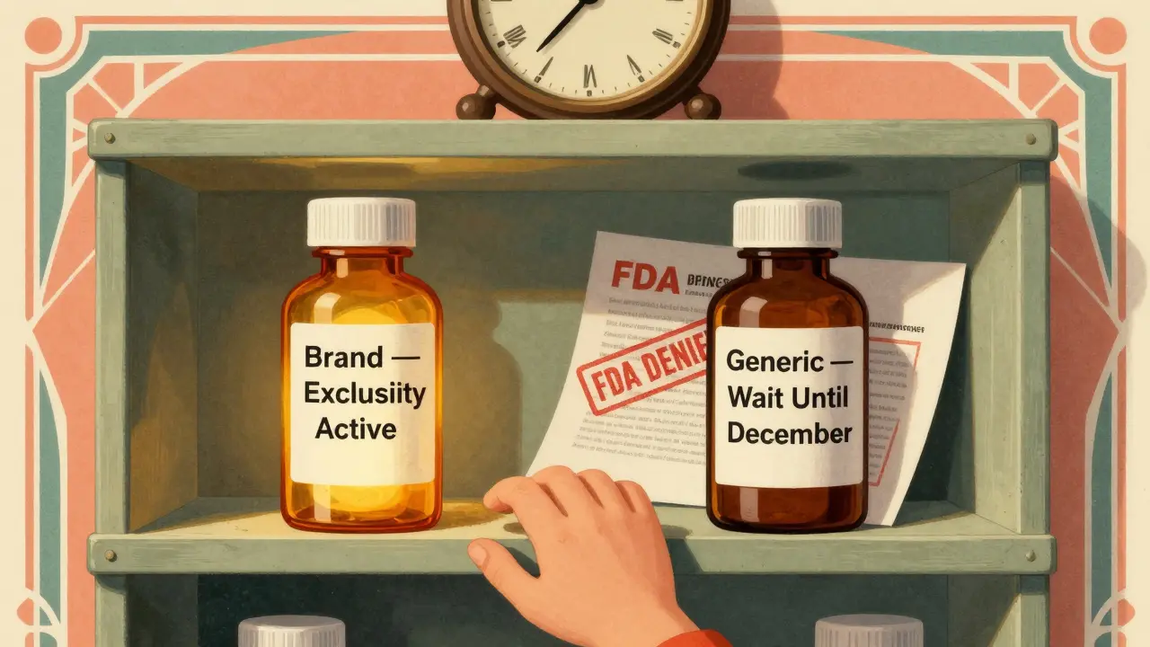 Two identical drug bottles on a shelf — one glowing with exclusivity, the other denied by FDA, child reaching for the safe one.