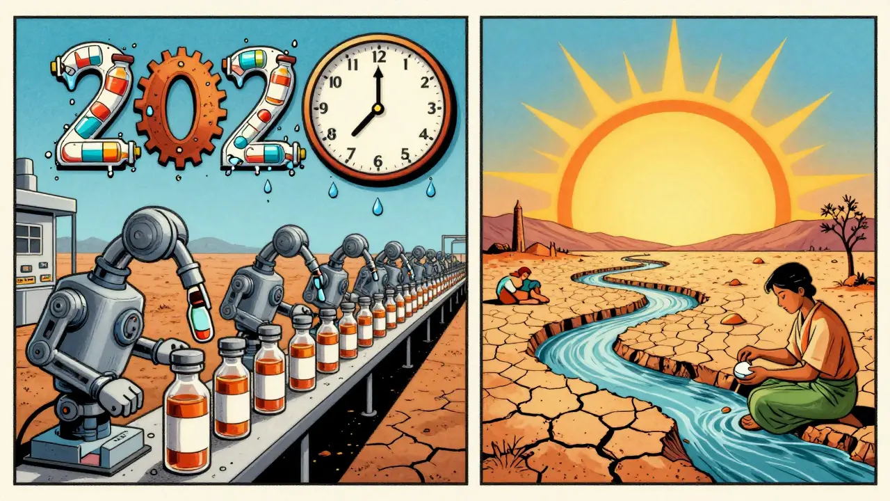 A dystopian assembly line with robotic and human workers under a 2027 clock, surrounded by dried riverbeds and crumbling vials.