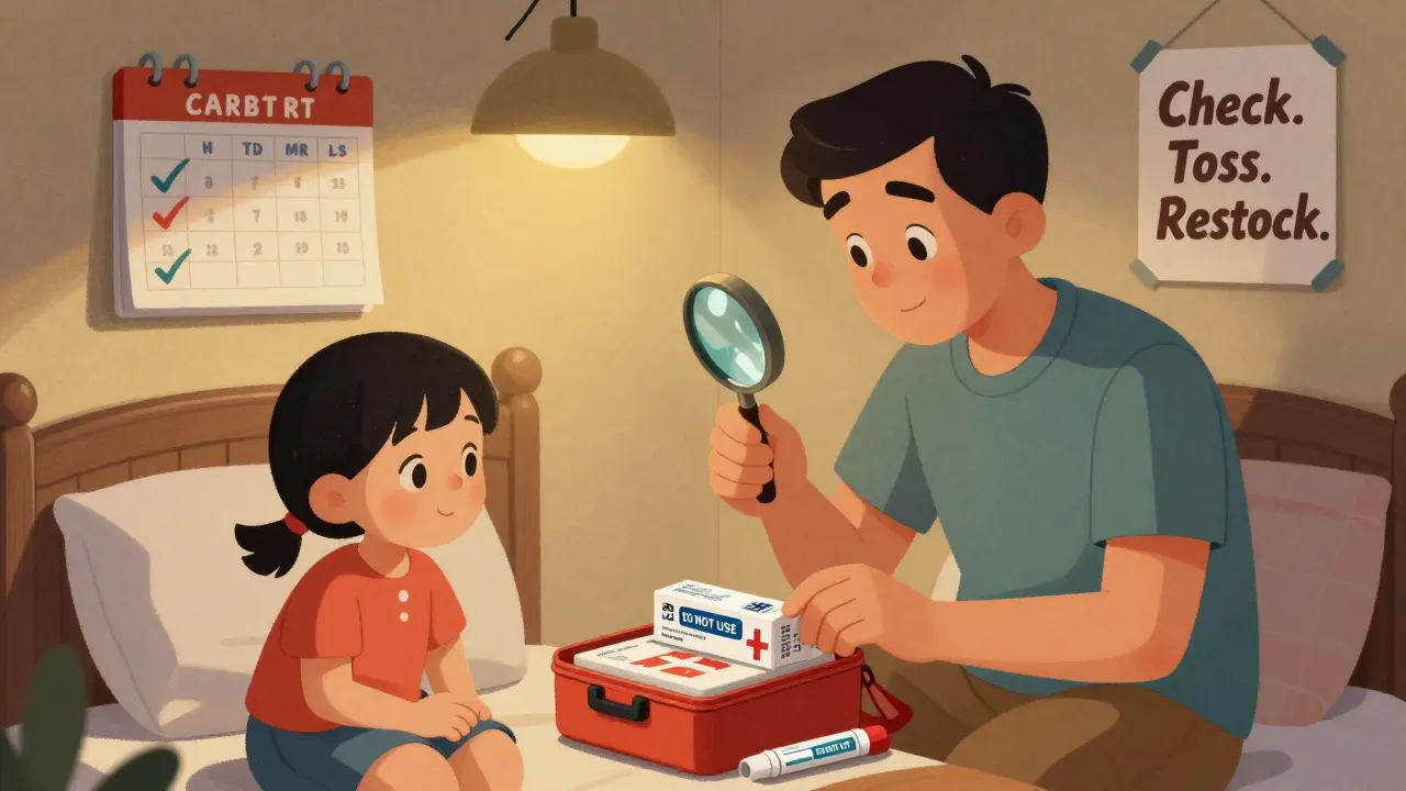 A family checking and replacing expired medications in a bedroom, using a calendar and lamplight.