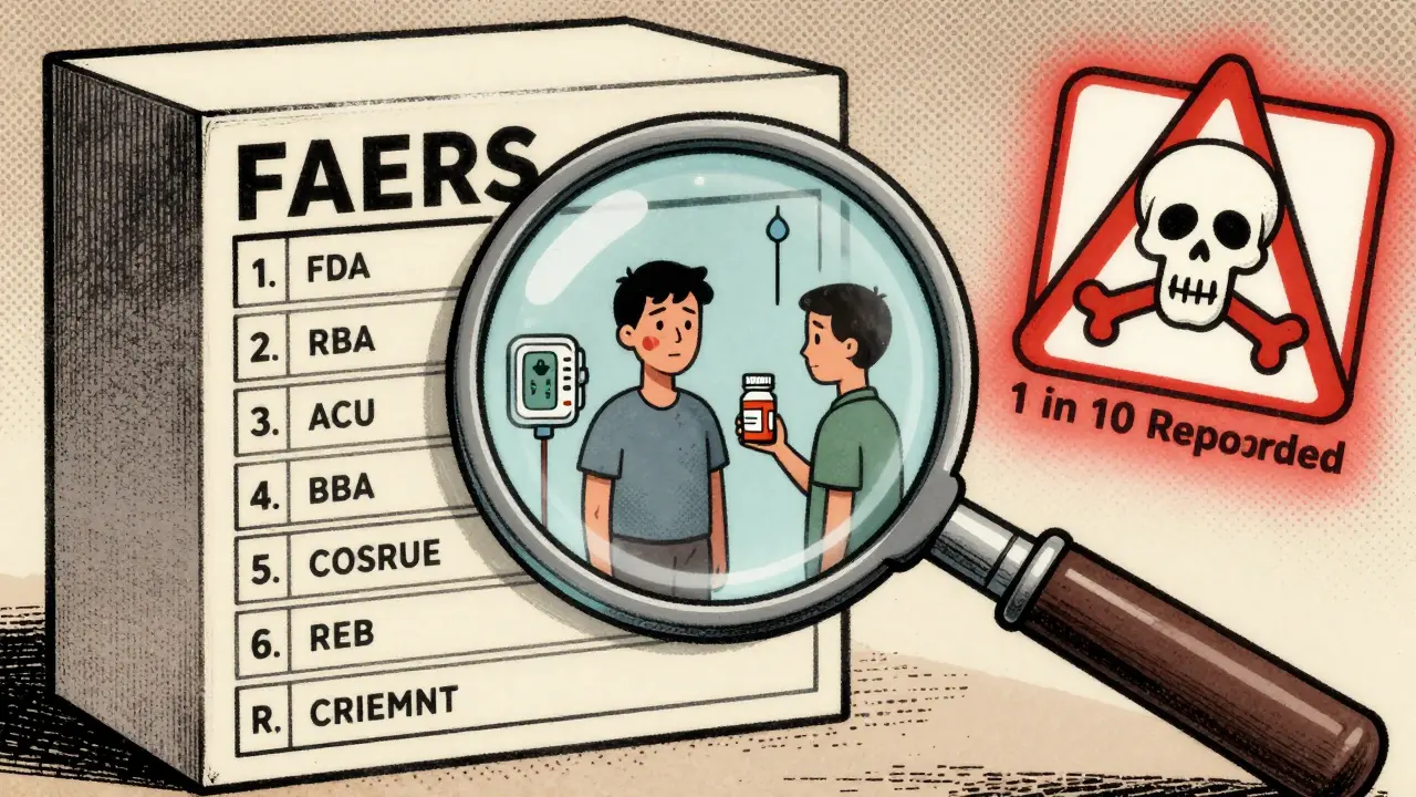 A magnifying glass revealing patient reports inside the FDA's FAERS database with a warning icon.