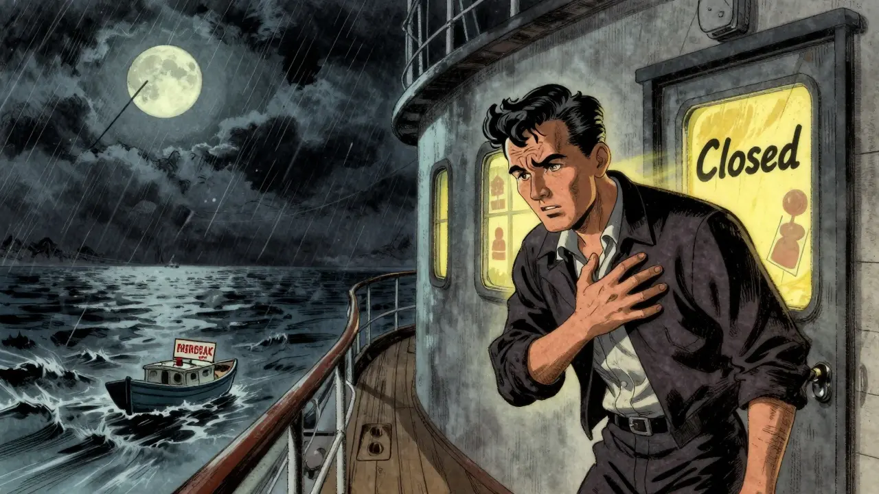 A passenger clutches their chest on a stormy cruise deck while a medical center door reads 'Closed' in the background.