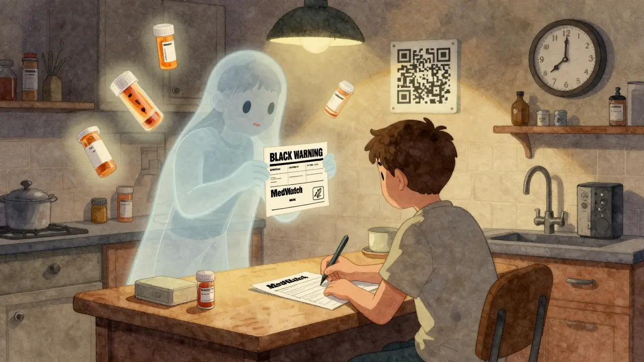 A person reporting an adverse event at night, with a ghostly warning label floating above.