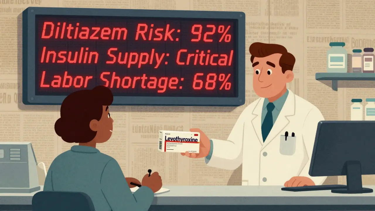 A pharmacist handing an empty prescription box to a patient while a digital screen flashes critical drug shortage warnings.