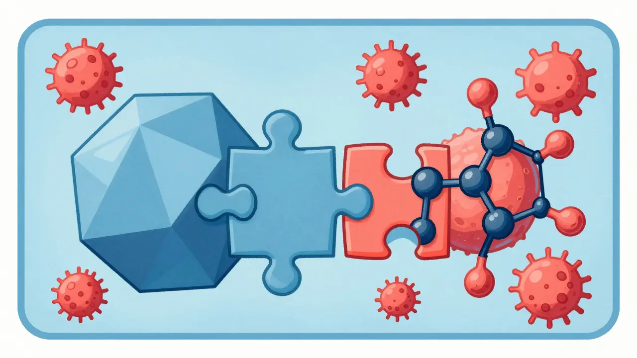 Abstract molecular shapes locking together to block stylized pathogens