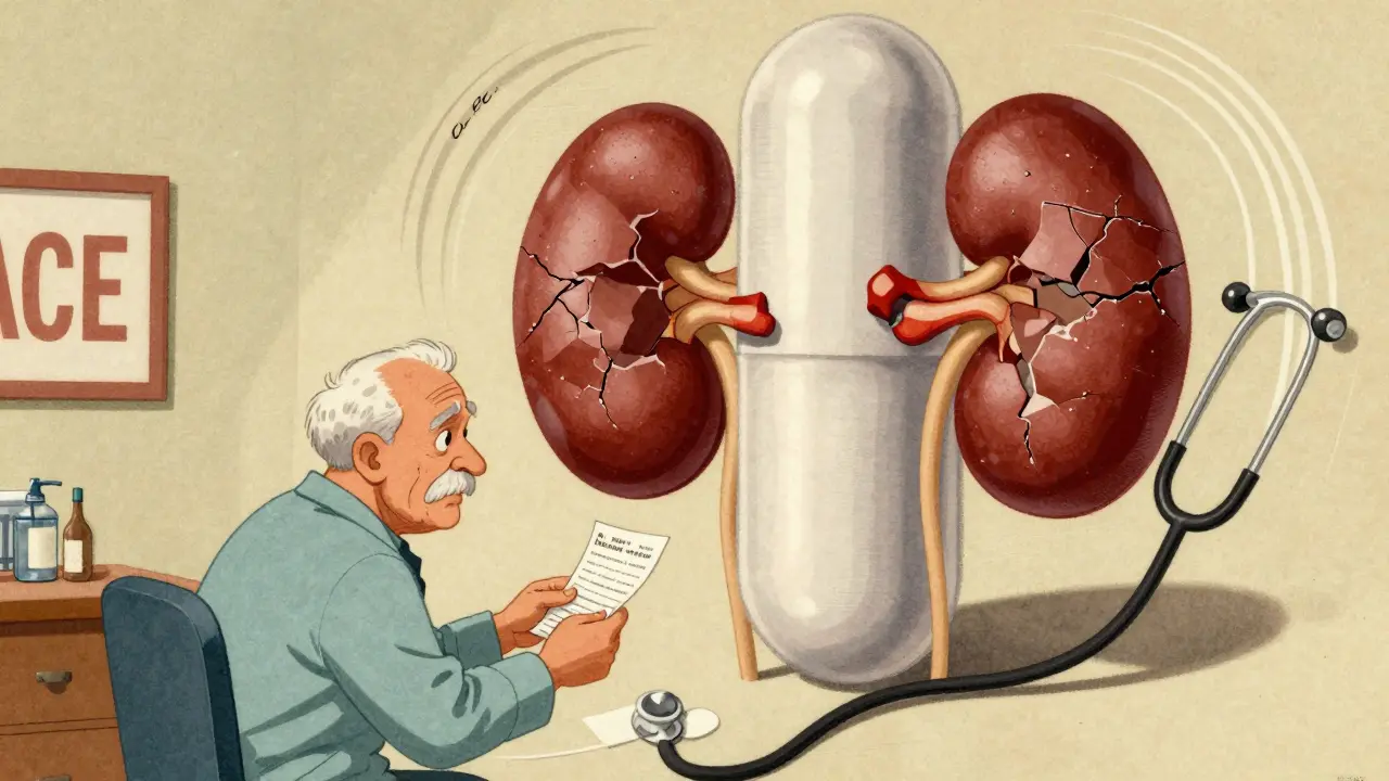 An elderly patient with a looming ACE inhibitor pill casting a shadow that damages their kidneys, in retro medical illustration style.