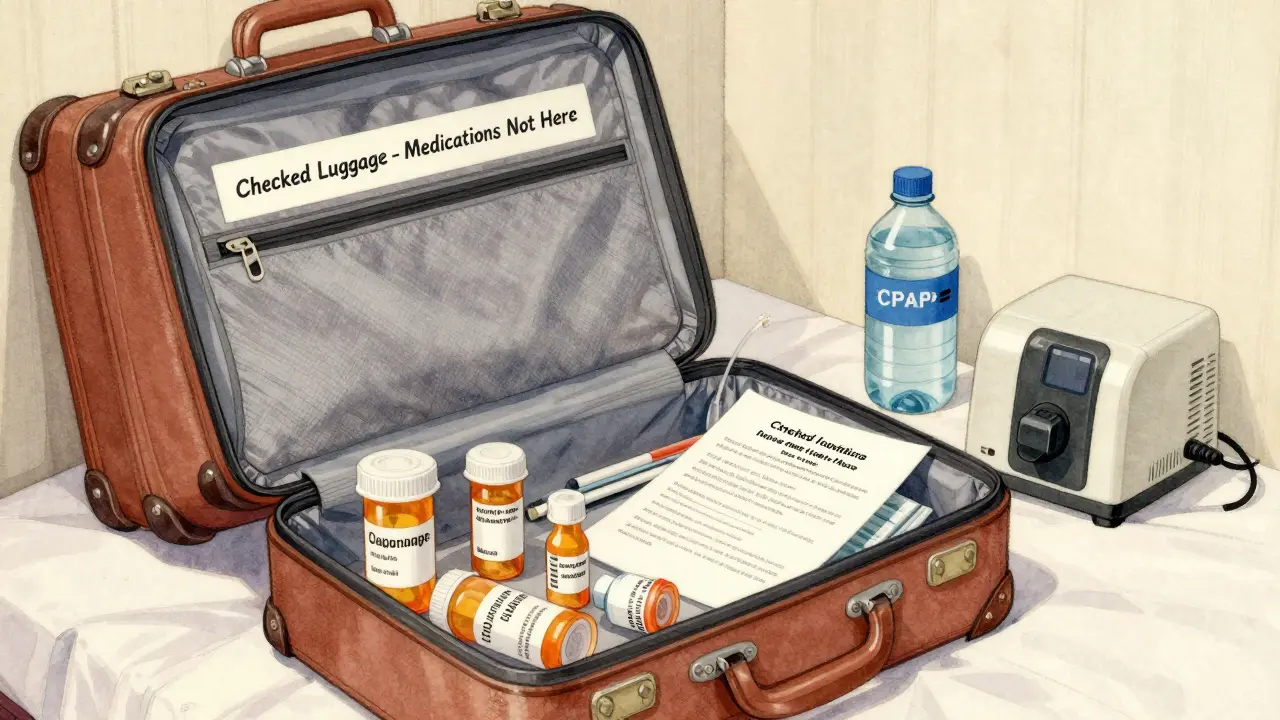 An open carry-on bag shows labeled prescription bottles, a doctor’s note, and a CPAP setup beside a packed suitcase.