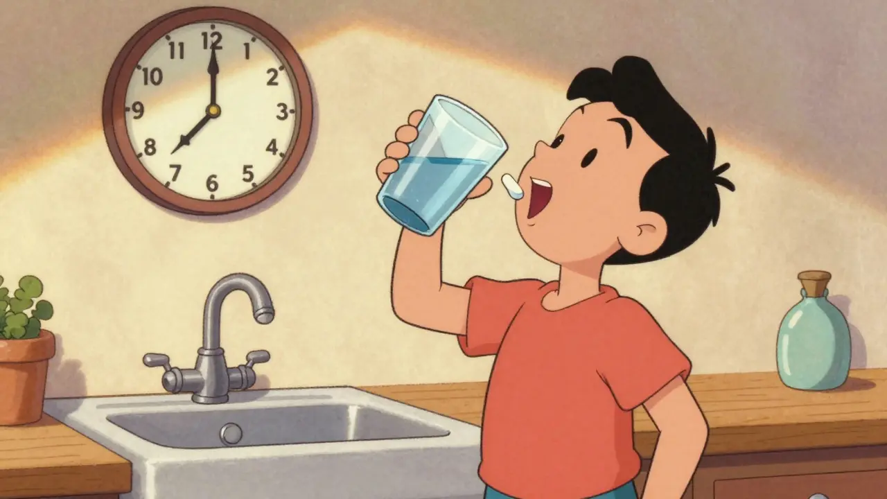 Character drinking water standing upright after taking pills