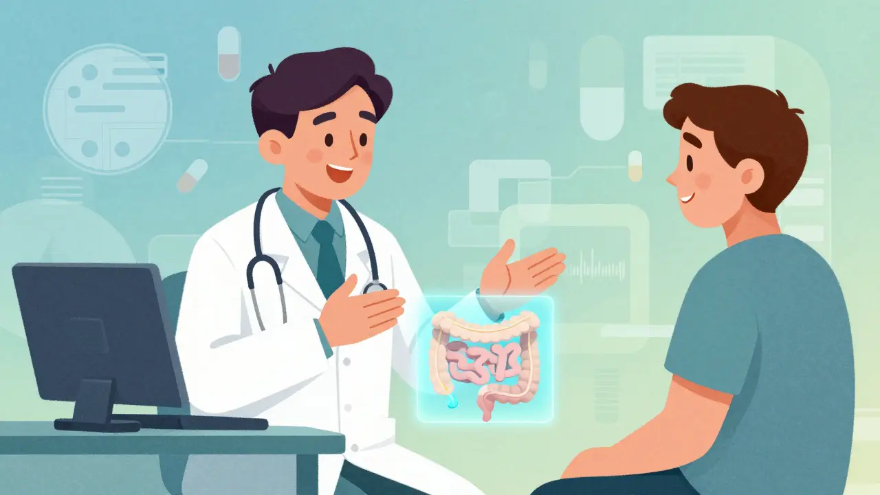 Doctor and patient discussing stomach protection solution