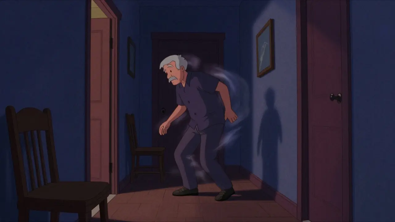 Elderly person showing unsteadiness highlighting fall risks during medication use