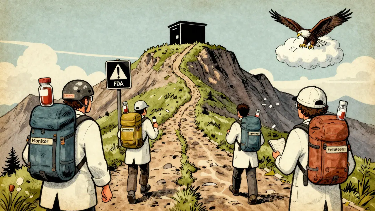 Hikers in lab coats follow a trail with a black box warning sign, symbolizing careful medication use, with an FDA eagle watching from above.