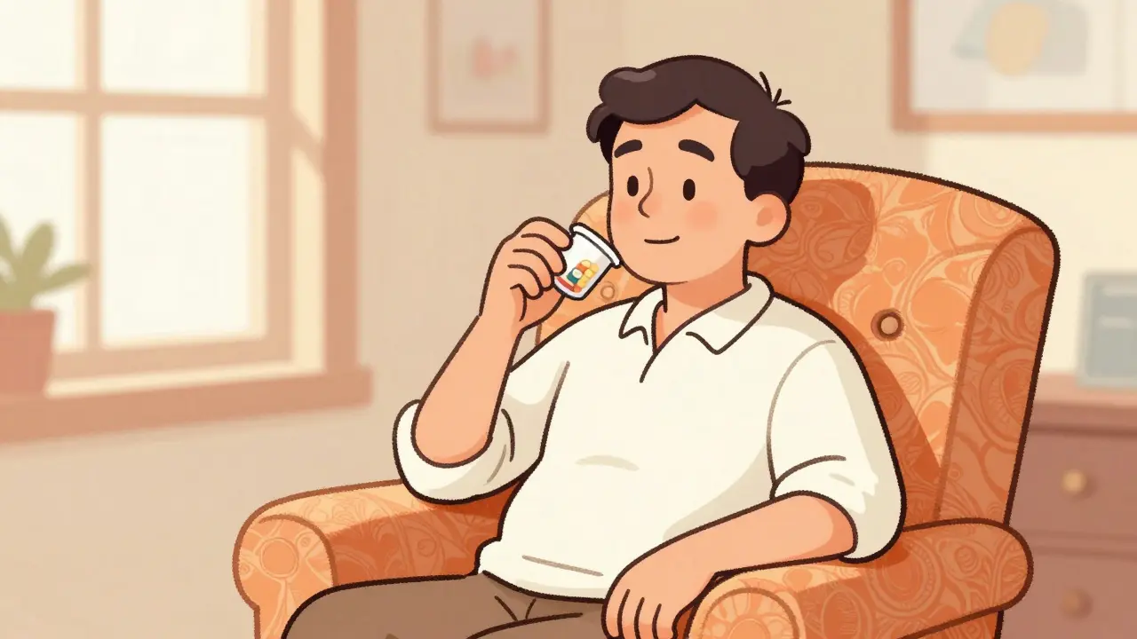 Person sitting comfortably in armchair holding a pill cup in sunlit room