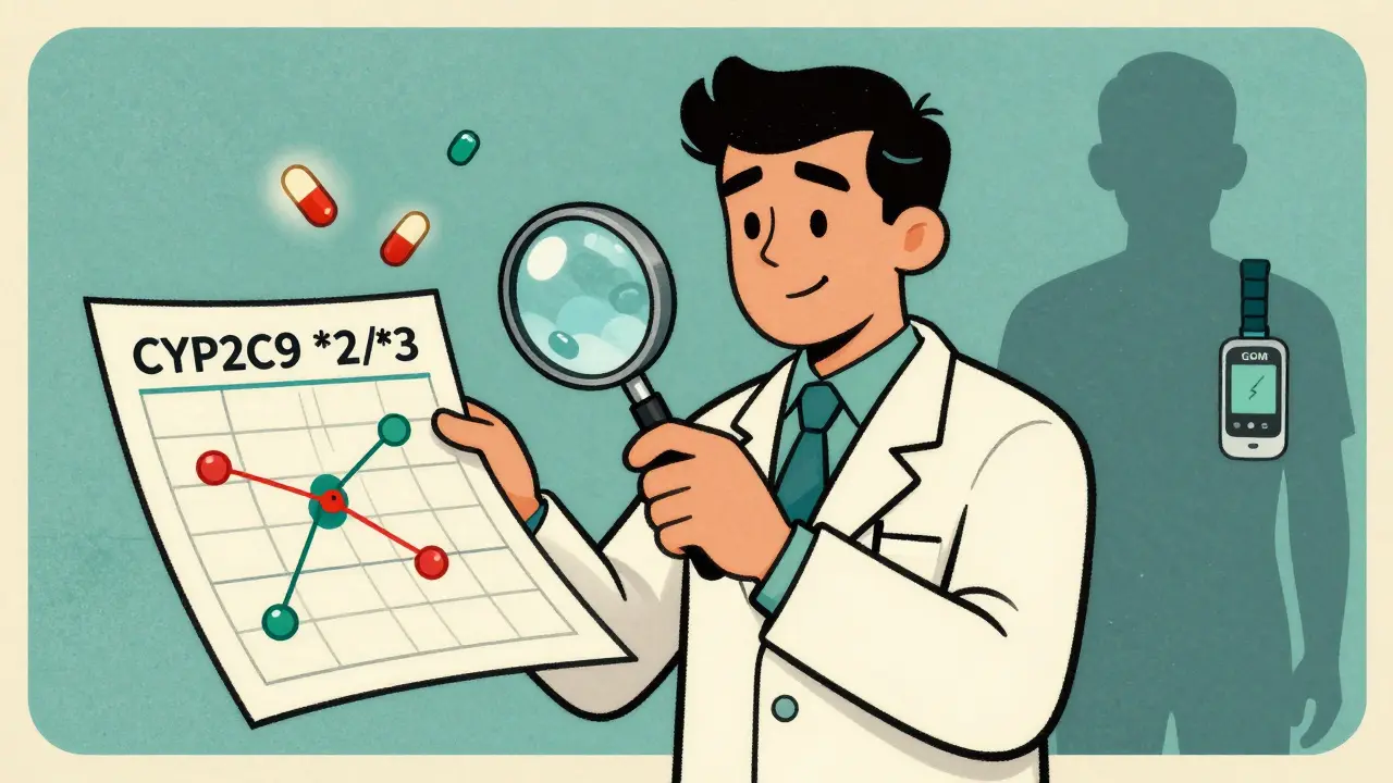 Pharmacist examining genetic chart with glyburide and glipizide pills floating above, CGM in background.
