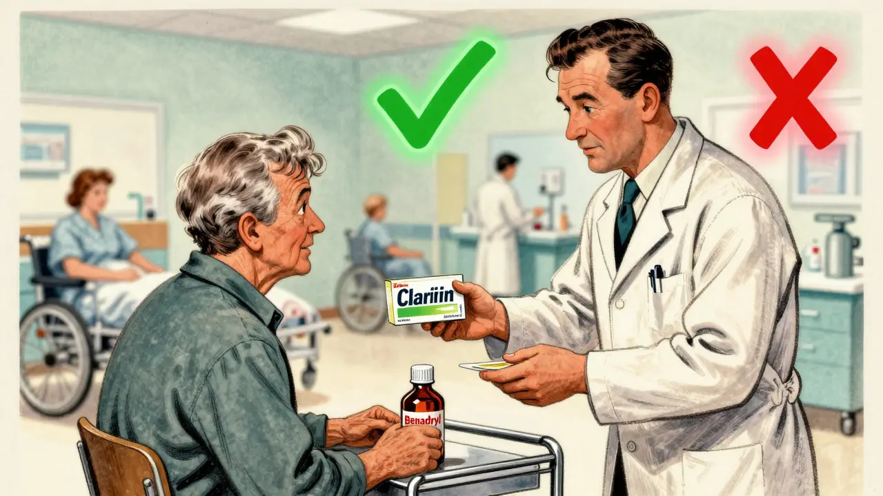 Pharmacist swapping Benadryl for Claritin, green checkmark over safe choice, ER in background.