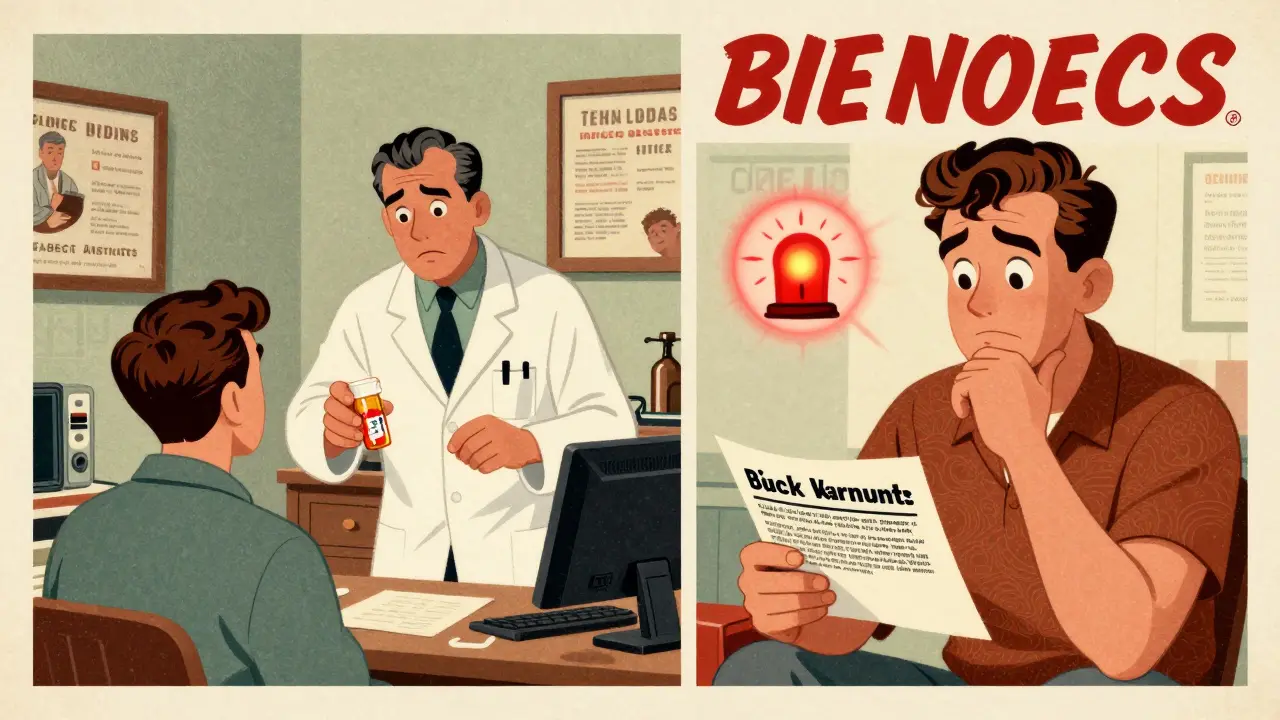 Split scene: a doctor hands a pill bottle in a 1950s office, while the same patient reads the black box warning at home with focused concern.