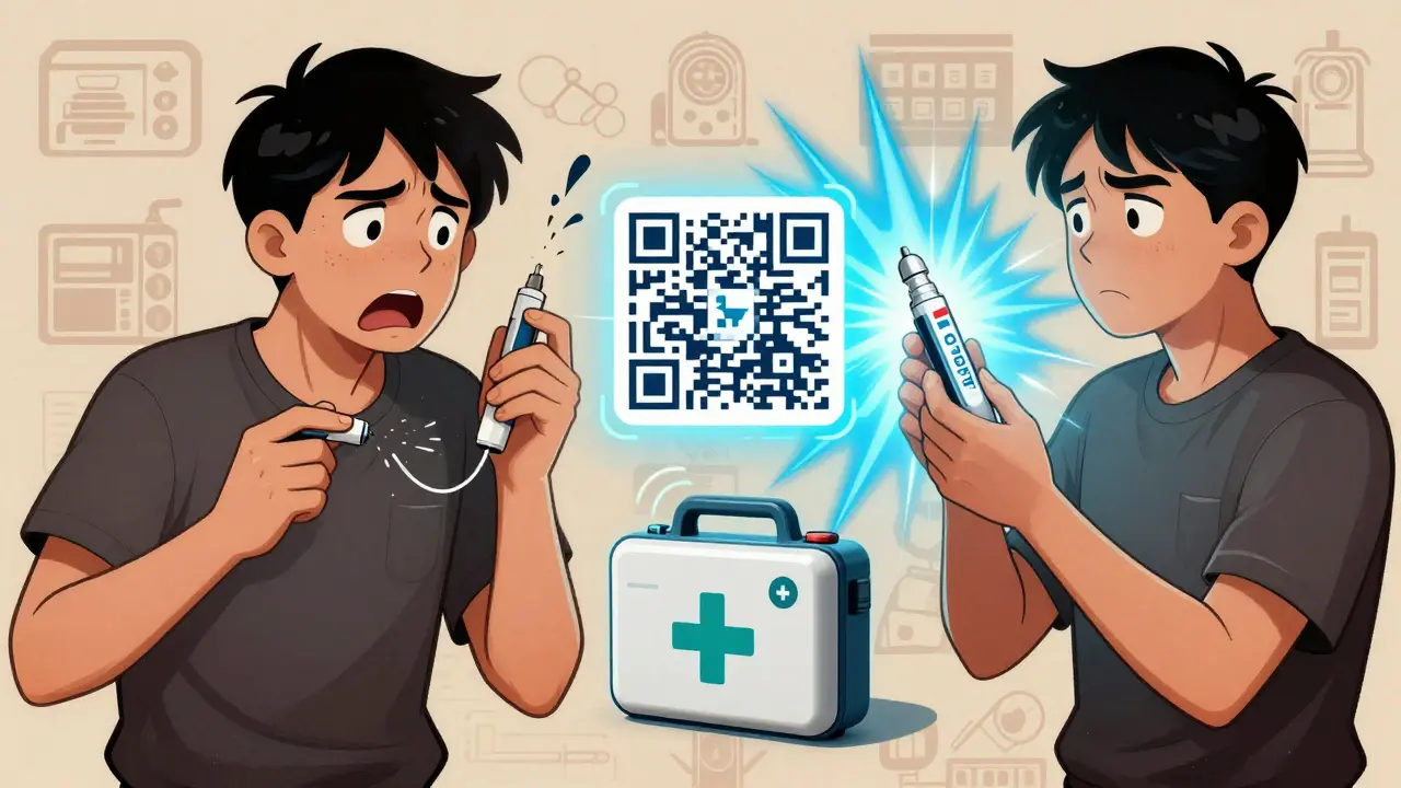 Split scene: expired EpiPen failing vs. fresh one working, with a glowing QR code alerting the user.