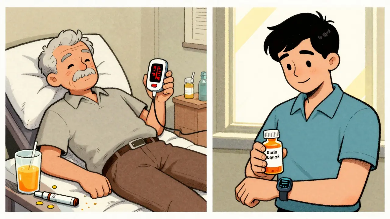 Split scene: one patient having a severe low with glucose monitor, another calm with glipizide and CGM.