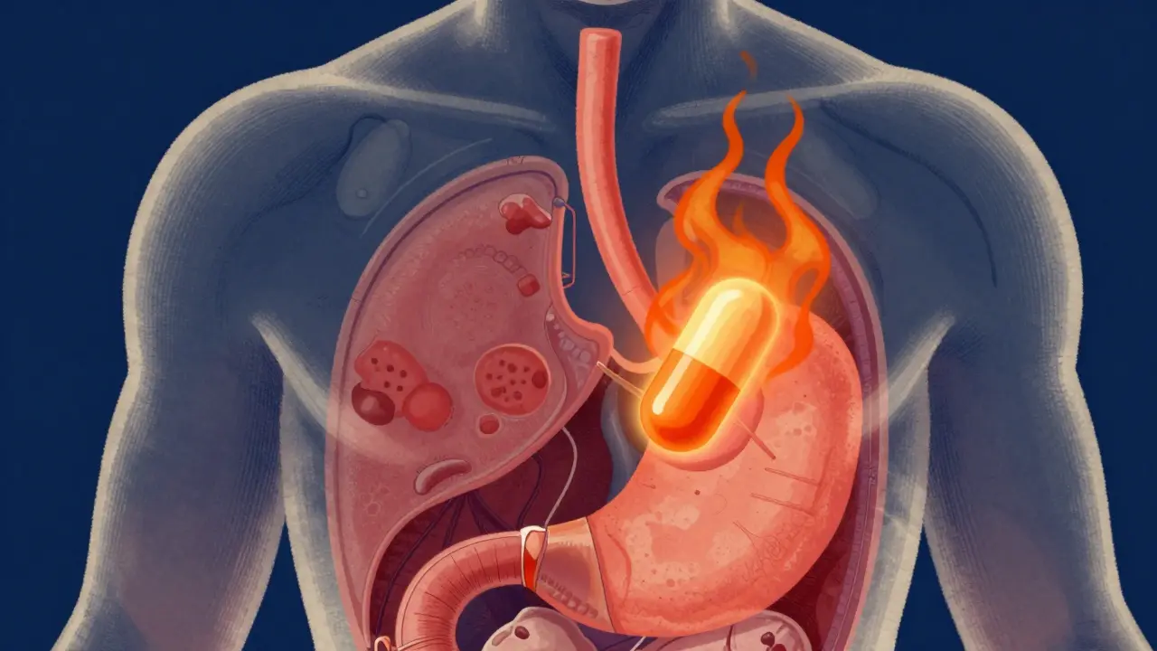 Stylized torso showing internal irritation from a dissolving pill.