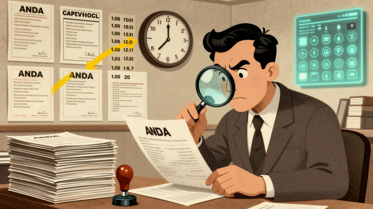 The FDA reviews generic drug applications, slashing approval time from 18 to 10 months with transparency tools.