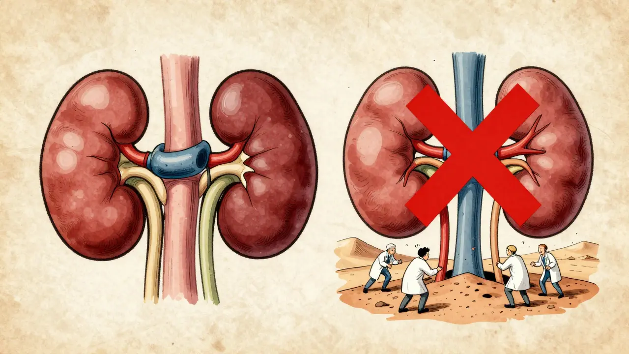 Two kidneys side by side—one healthy, one collapsing—as an ACE inhibitor blocks angiotensin II, in vintage diagnostic diagram style.