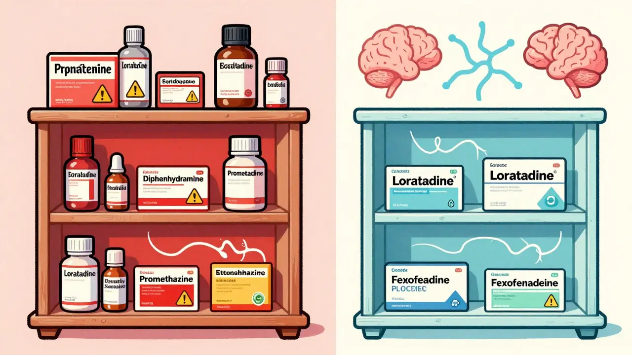 Two medicine shelves: dangerous old antihistamines vs. safe modern ones, brain pathways shown.