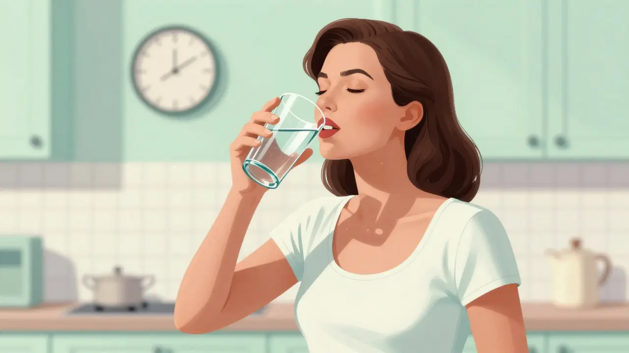 Woman standing upright drinking water next to kitchen counter.