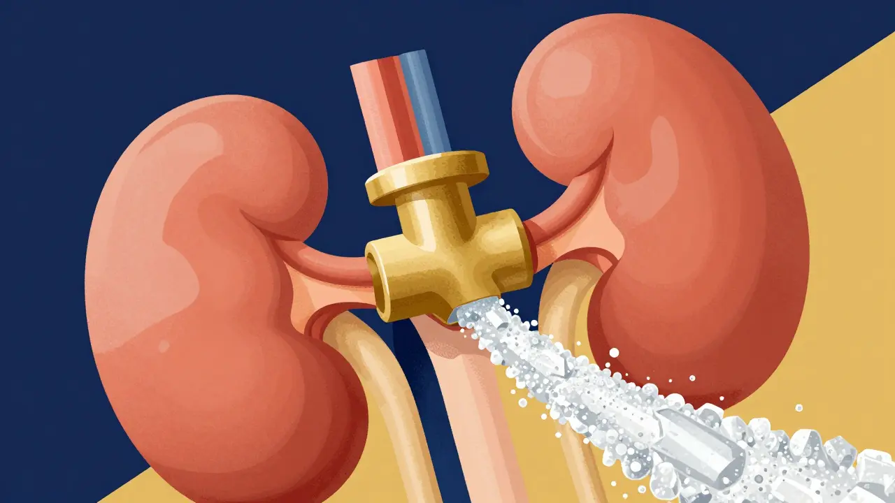 A conceptual illustration of a kidney filter releasing sugar and sodium like a dam break.