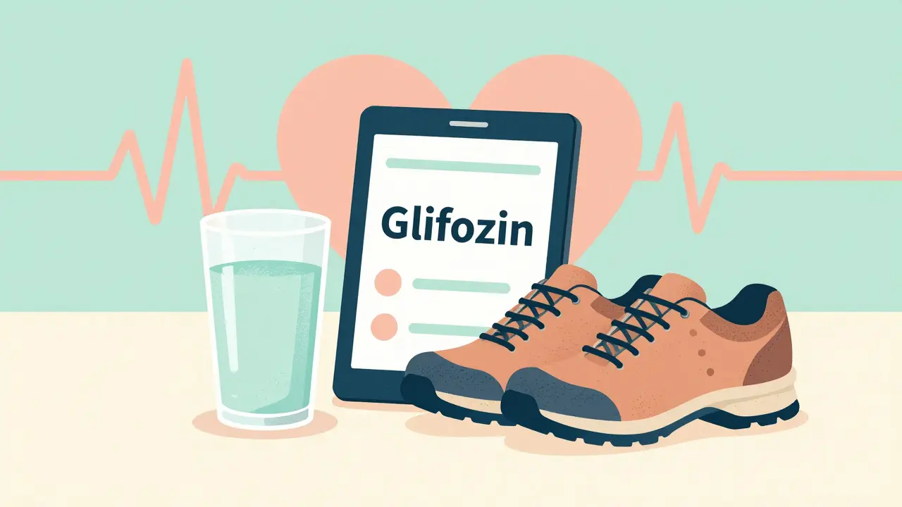 A glass of water and walking shoes symbolizing healthy habits for diabetes management.