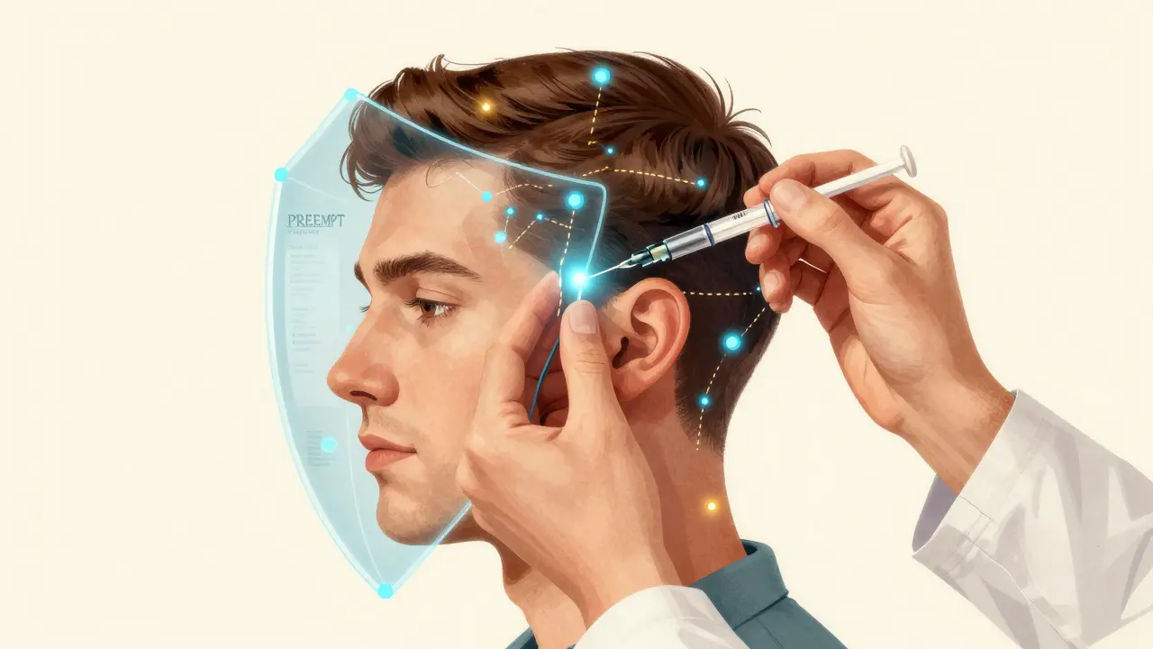 A neurologist performing a precise Botox injection on a patient's temple with a blue glowing map of sites.