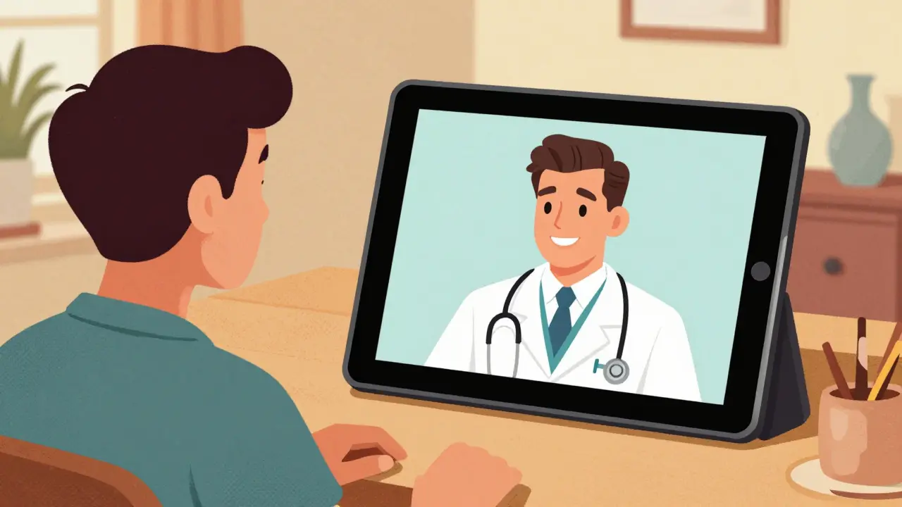 A patient having a virtual doctor consultation on a tablet in a cozy room.