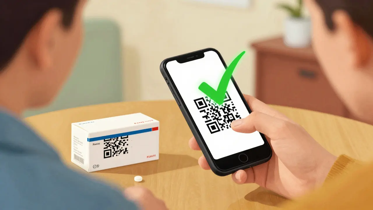 A person using a smartphone to scan a QR code for medicine verification