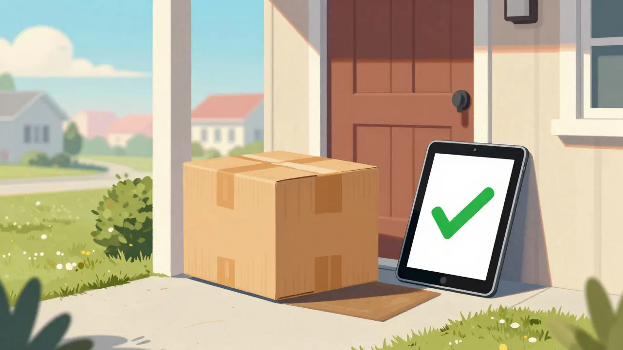 A secure pharmacy package delivered to a sunny suburban doorstep.