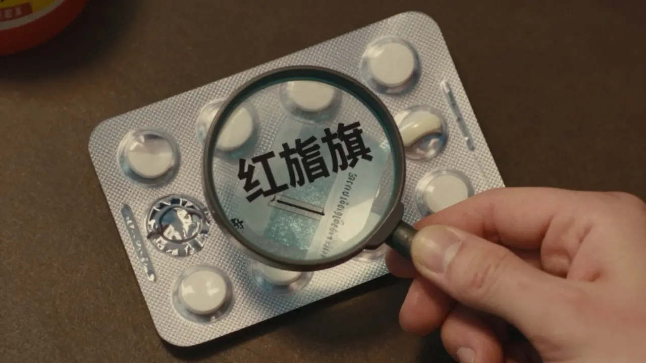 Close-up of a hand inspecting a counterfeit medicine pack for typos