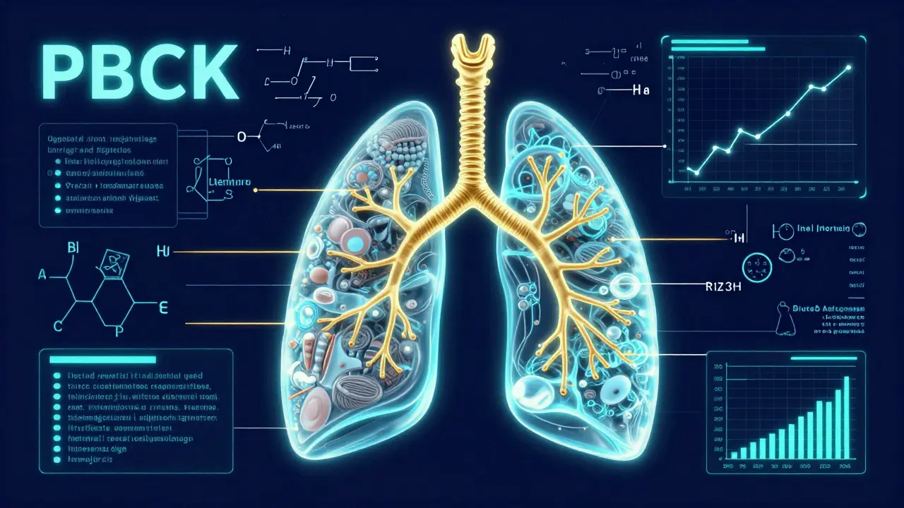 Digital PBPK computer model of human lungs with data curves in neo-vintage style.