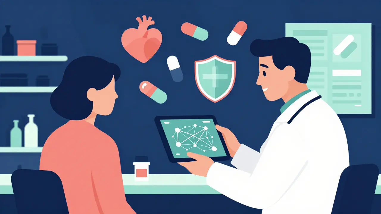 Doctor and patient using a digital tool to check for safe medication combinations