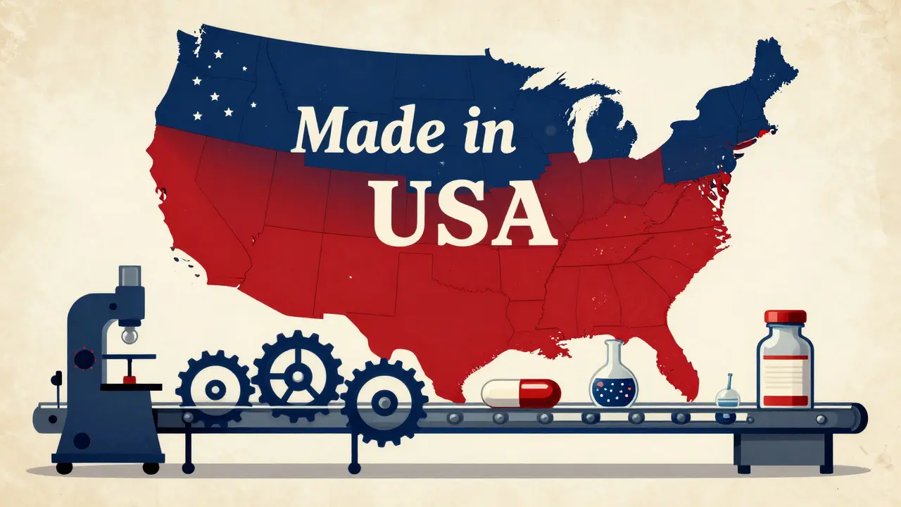 Illustration of a domestic US pharmaceutical production line for generic drugs.