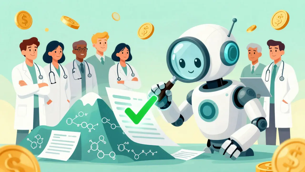 Neo-vintage art of an AI robot speeding up the generic drug review process.