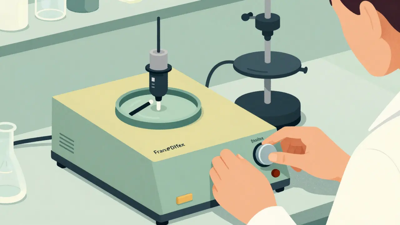 Scientific laboratory equipment including a Franz Diffusion Cell in a neo-vintage illustration.