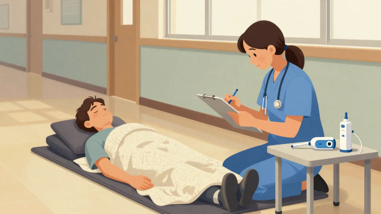 Caregiver monitoring patient after epinephrine administration with documentation ready.