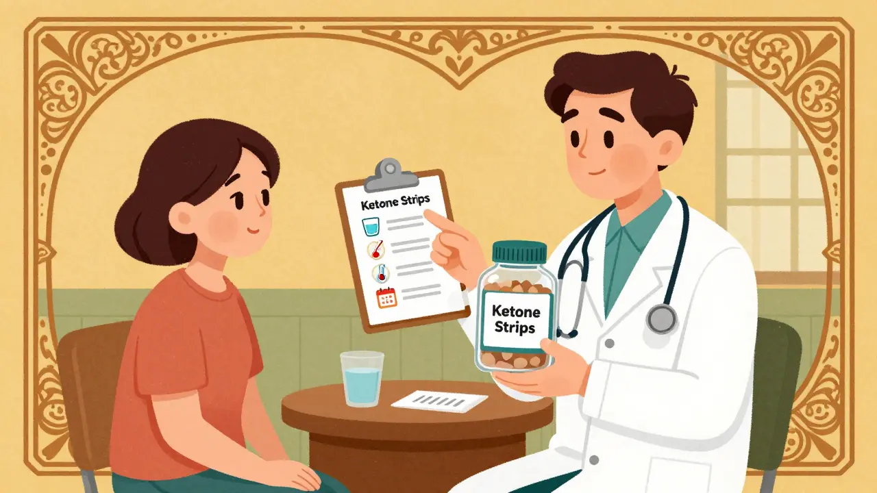 Doctor advising patient on ketone monitoring and safety precautions.