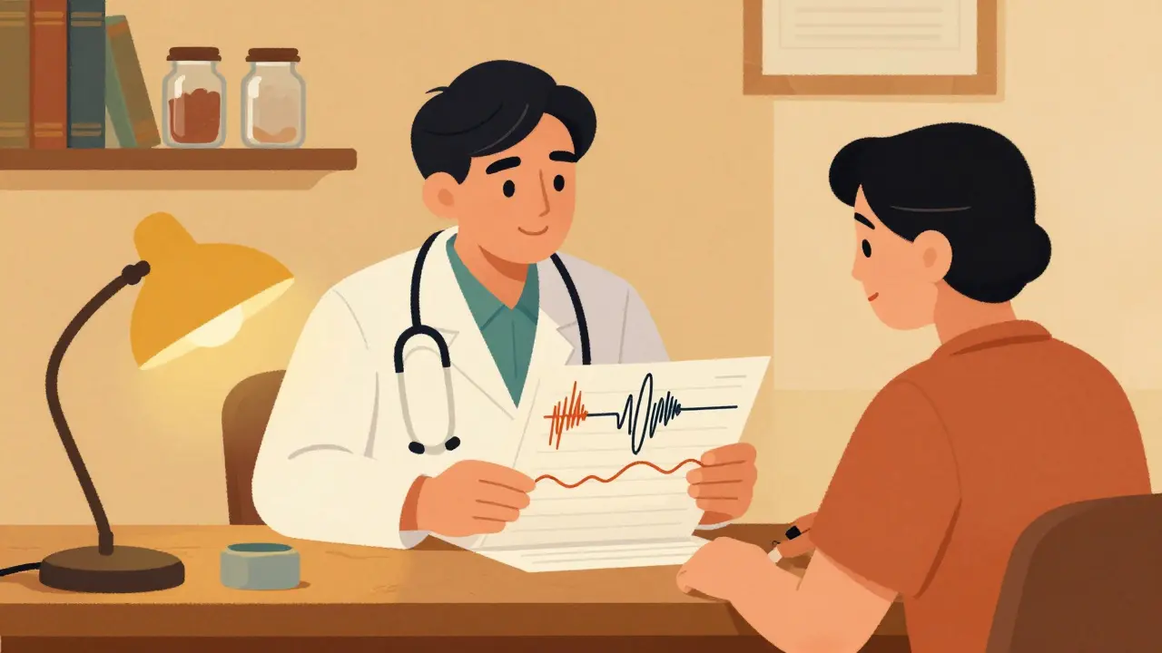 Doctor and patient discussing safe opioid rotation with a chart in neo-vintage style.