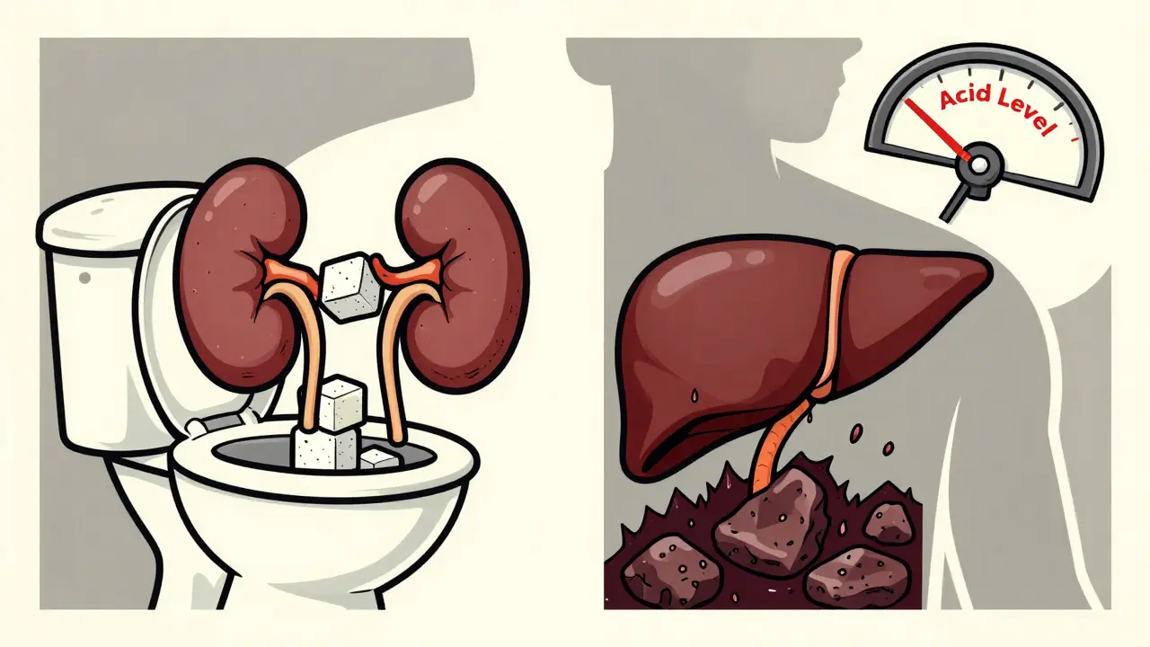 Illustration showing kidneys flushing sugar while liver produces dangerous ketones.