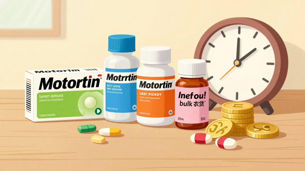 Motrin packages with icons for speed and bulk savings on a table
