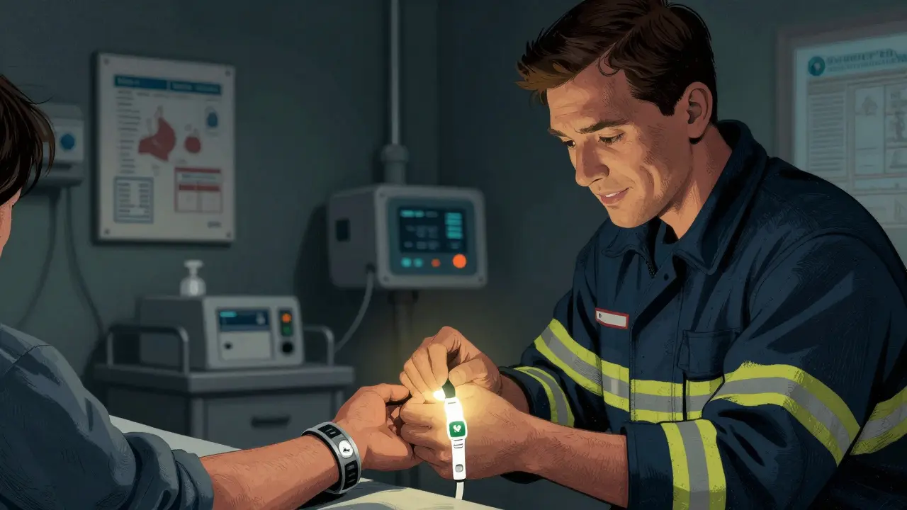 Paramedic examining a glowing medical alert bracelet in an emergency room