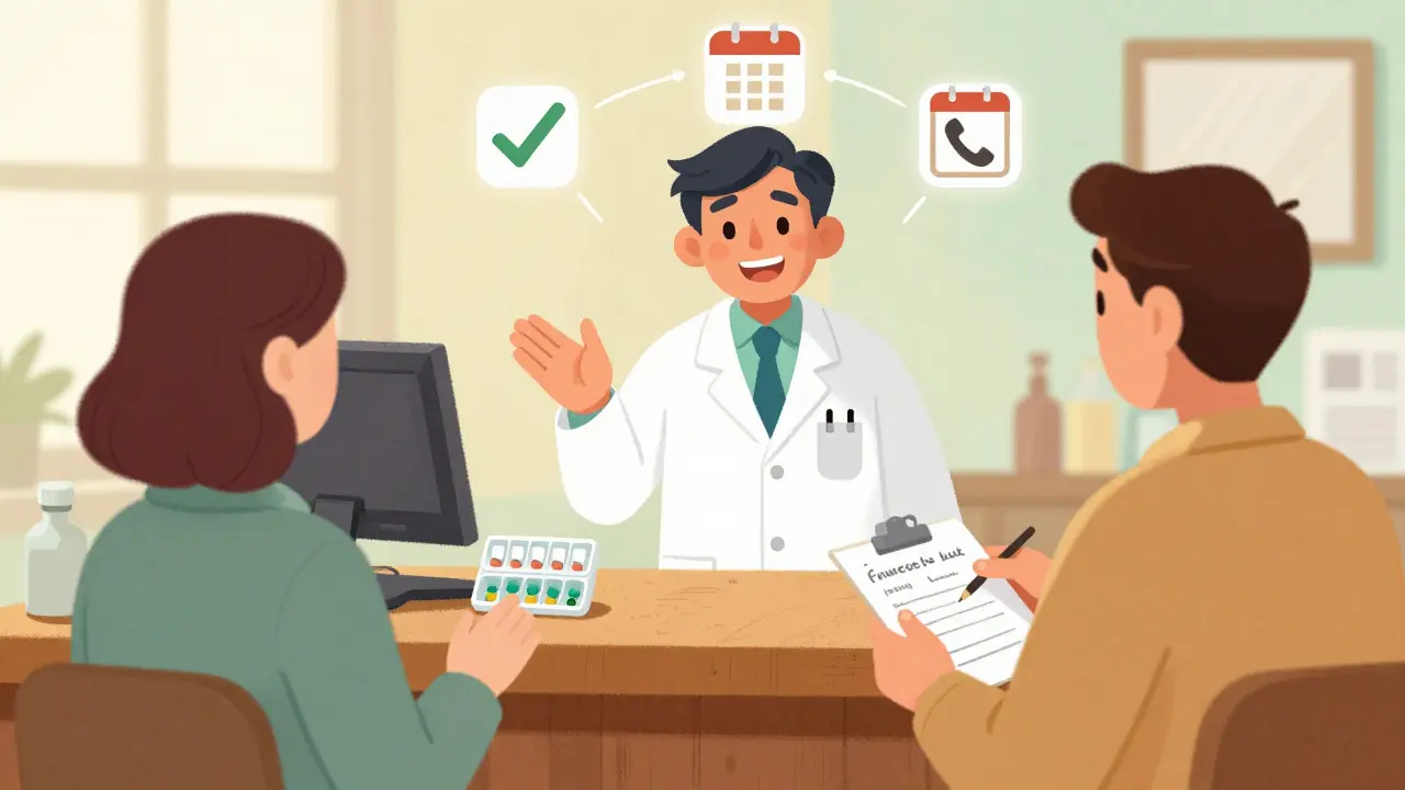 Pharmacist helping patient with pill organizer and medication chart