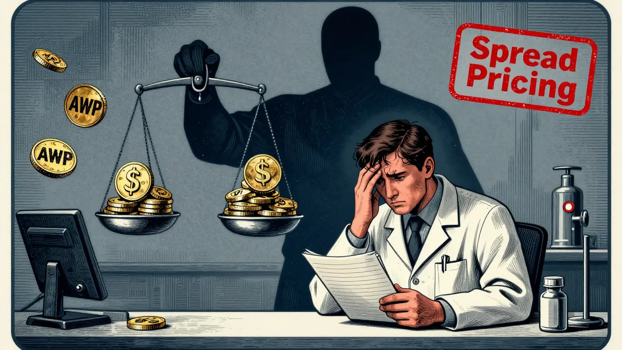 Retro cartoon showing pharmacist squeezed by PBM spread pricing and MAC costs