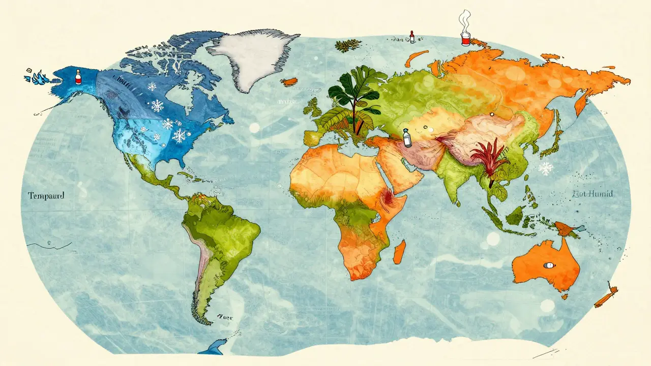 World map showing five climatic zones for drug stability